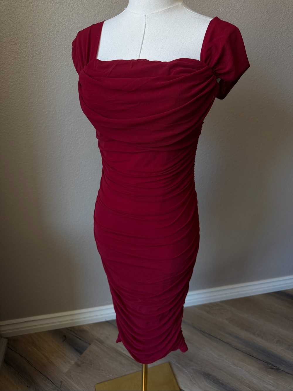 Draped Ruched Midi Dress in Burgundy